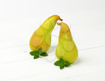 two yellow pears on white wooden background
