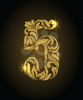 5. Decorative Font with swirls and floral elements. Ornate decorated digit five with golden glitter