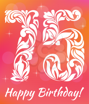 Bright Greeting card Template. Celebrating 75 years birthday. Decorative Font with swirls and floral elements.