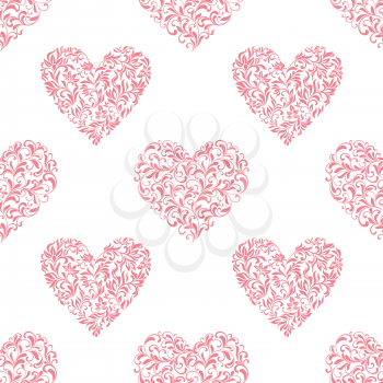Seamless pattern with hearts from floral tracery on a white background