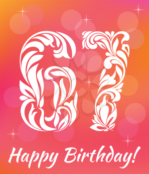 Bright Greeting card Template. Celebrating 67 years birthday. Decorative Font with swirls and floral elements.