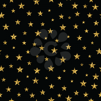 Seamless pattern with golden stars on a black background. It can be used for printing on fabric, wrapping