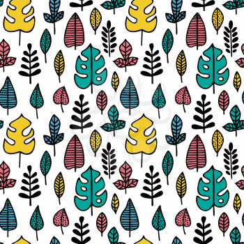Seamless pattern. Color  leaves of various plants isolated on white background. Texture for print, wallpaper, home decor, textile, package design