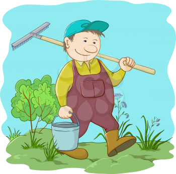 Man gardener with a bucket and a rake work in a garden. Vector