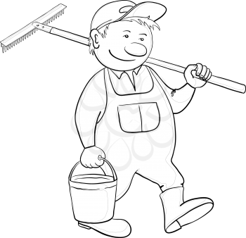 Man gardener with a bucket and a shovel goes to work in a garden, contour. Vector