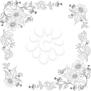 Vector, abstract background with a symbolical flowers, monochrome contours