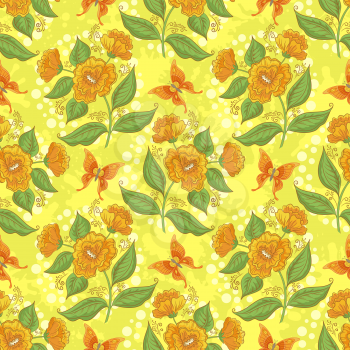 Seamless Pattern, Orange Flowers and Butterflies on Abstract Yellow Background. Vector