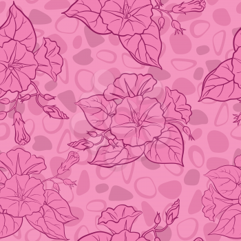Seamless floral background, ipomoea flowers and abstract pattern. Vector
