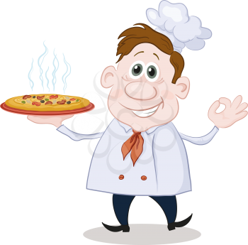 Cartoon cook chef with a hot pizza isolated on white background. Vector