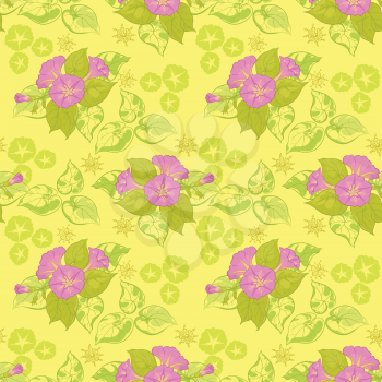 Seamless floral background: lilac and green flowers and leaves on a yellow background. Vector illustration