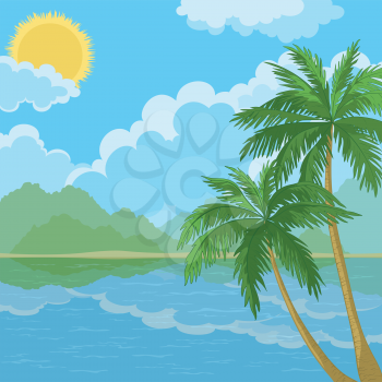 Tropical landscape, palm trees, sea island and sky with clouds and sun. Vector