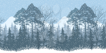 Seamless Horizontal Winter Christmas Woodland Landscape with Snowflakes Silhouettes. Eps10, Contains Transparencies. Vector