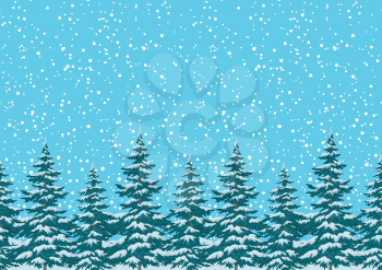 Seamless background, Christmas holiday trees against the blue sky with snow. Vector