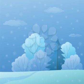 Winter christmas landscape: forest with coniferous and deciduous trees and snow. Vector