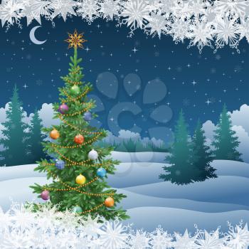 Winter woodland night landscape with decorated holiday Christmas tree and snowflakes. Eps10, contains transparencies. Vector