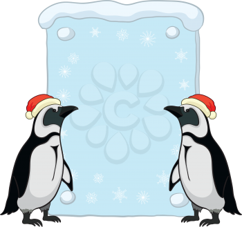 Antarctic emperor penguins in a red Santa Claus hats with a Christmas poster for your text. Vector