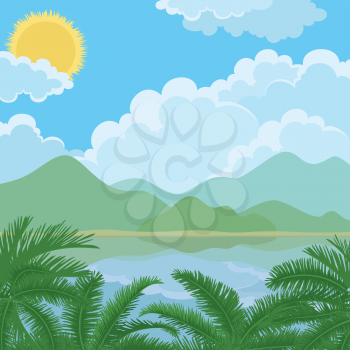 Tropical sea landscape, mountains, plants, sky with sun and clouds. Vector