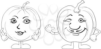 Cartoon vegetables, two character pumpkins, black contour on white background. Vector