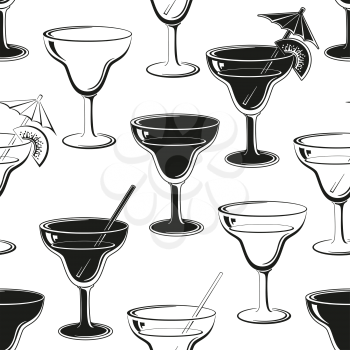 Seamless background, glasses with a drink, black silhouettes isolated on white. Vector