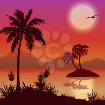 Tropical Landscape, Sea Islands with Palm Trees, Flowers, Mountain, Clouds, Sun and Birds Gulls, Black Silhouettes on Red - Yellow Background. Eps10, Contains Transparencies. Vector