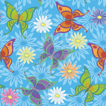 Seamless pattern, colorful flowers and butterflies on blue background. Vector