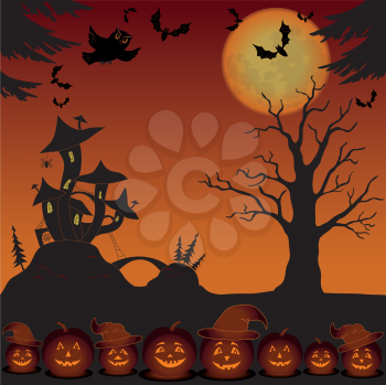 Holiday Halloween landscape with pumpkins Jack O Lantern, trees and magic Castle - mushroom. Element of this image furnished by NASA (www.visibleearth.nasa.gov). Vector
