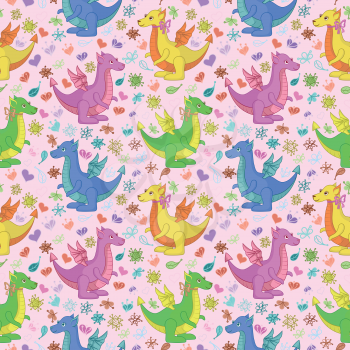 Seamless Pattern, Colorful Cartoon Dragons on Backgrounds with Symbolical Flowers and Hearts. Vector