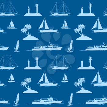 Seamless Pattern, Objects Related to Sea and Ocean, Islands with Palms Trees, Ships, Lighthouse, Sportsman Surfer, Silhouettes on Tile Background. Vector