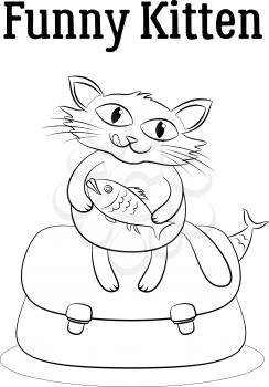 Funny Cartoon Cat Keeps the Fish in its Paws and Sits on a Bag Full of Fish, Black Contours Isolated on White Background. Vector
