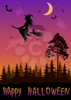 Holiday Halloween Landscape, Black Silhouettes Witch on Broom, Bats, Ghosts and Moon in Sky, forest with Fir and Pine Trees. Vector