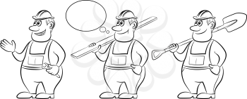 Cartoon Workers in Overalls, Set. With a Board, Spanner and Shovel. Black Contours Isolated on White Background. Vector