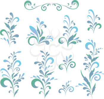Set abstract floral patterns, green and blue silhouettes on white background. Vector