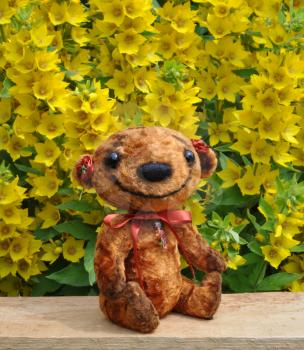 Handmade, the sewed plush toy: Teddy bear Niusia weirdo on a board among flowers