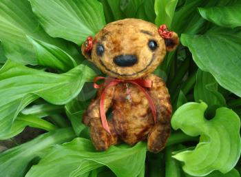 Handmade, the sewed plush toy: Teddy bear Niusia weirdo in green leaves of a flower Hosta