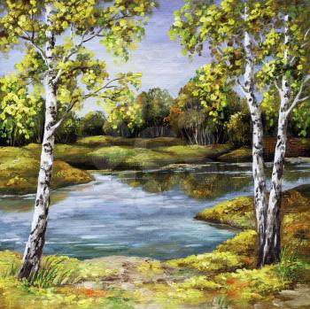 Picture Oil Painting on a Canvas, Landscape, Birches Trees on Coast, Autumn