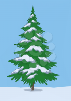 Winter Landscape, Christmas Holiday Green Fir Tree, Snow and Blue Sky, Low Poly. Vector