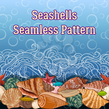 Seamless Horizontal Pattern, Sea Exotic Landscape, Colorful and Contours Seashells, Fishes, Starfish, Wave on a Blue Background with Bubbles. Vector