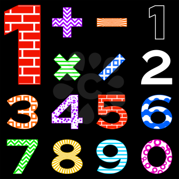 Number set, from 1 to 9, different pattern, illustration isolated on black. Vector