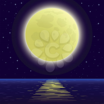 Night sea landscape background, star sky and big bright moon. Vector