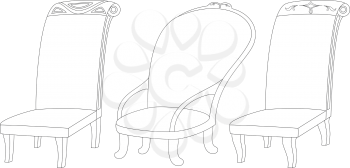 Set of decorated armchairs of various forms, black contour isolated on white background. Vector