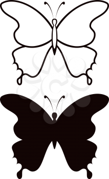 Butterfly, black silhouettes with opened wings, isolated on white background. Vector