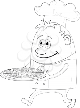 Cook, cartoon chef with pizza isolated over a white background, contour. Vector