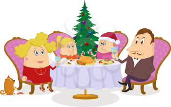 Happy family, father, mother, son and daughter, sitting near the table and fir tree and celebrating Christmas, holiday cartoon, isolated on white background. Eps10, contains transparencies. Vector