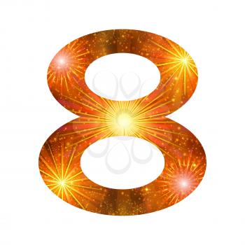Mathematical sign, number eight, stylized gold and orange holiday firework with stars and flares, element for web design. Eps10, contains transparencies. Vector