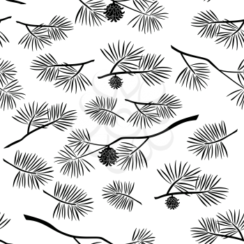 Seamless Pattern, Black Silhouette Pine Branches with Cones and Needles on White Background. Vector