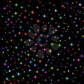 Abstract Seamless Background, Shining Colorful Christmas Sparks and Stars on Black. Eps10, Contains Transparencies. Vector