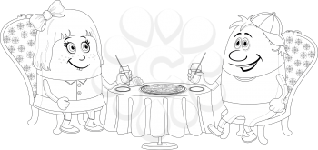 Two little children, boy and girl sitting near table, drinking juice and eating pizza, funny cartoon illustration, black contour isolated on white background. Vector