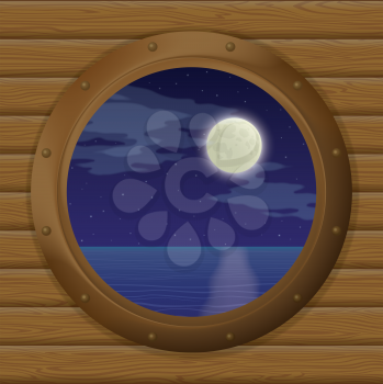 Night sea landscape, star sky and moon in a bronze ship window - porthole in a wooden wall. Eps10, contains transparencies. Vector
