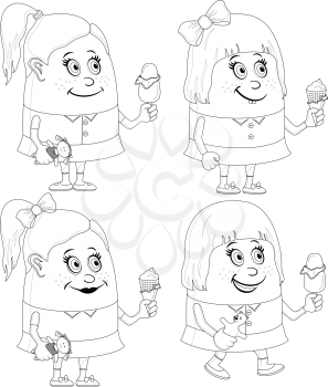 Set of little girls smiling and eating ice cream, funny cartoon characters, black contour isolated on white background. Vector