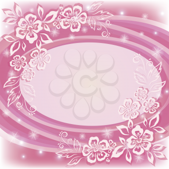 Abstract holiday pink background with symbolical flowers and frame. Vector eps10, contains transparencies